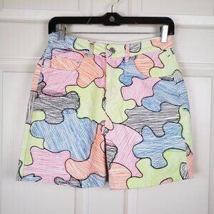 Y2K neon puzzle piece white denim shorts Size S Artsy, festival, Art to wear